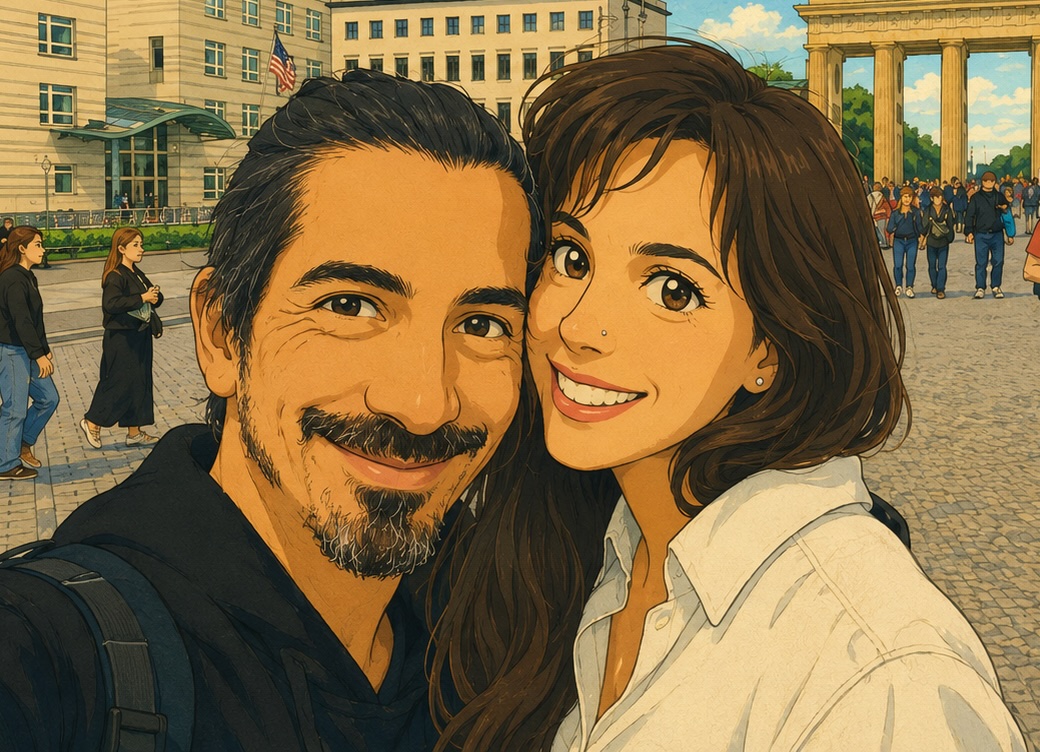An illustrated selfie of the couple behind Relationship OS, smiling together on a trip abroad